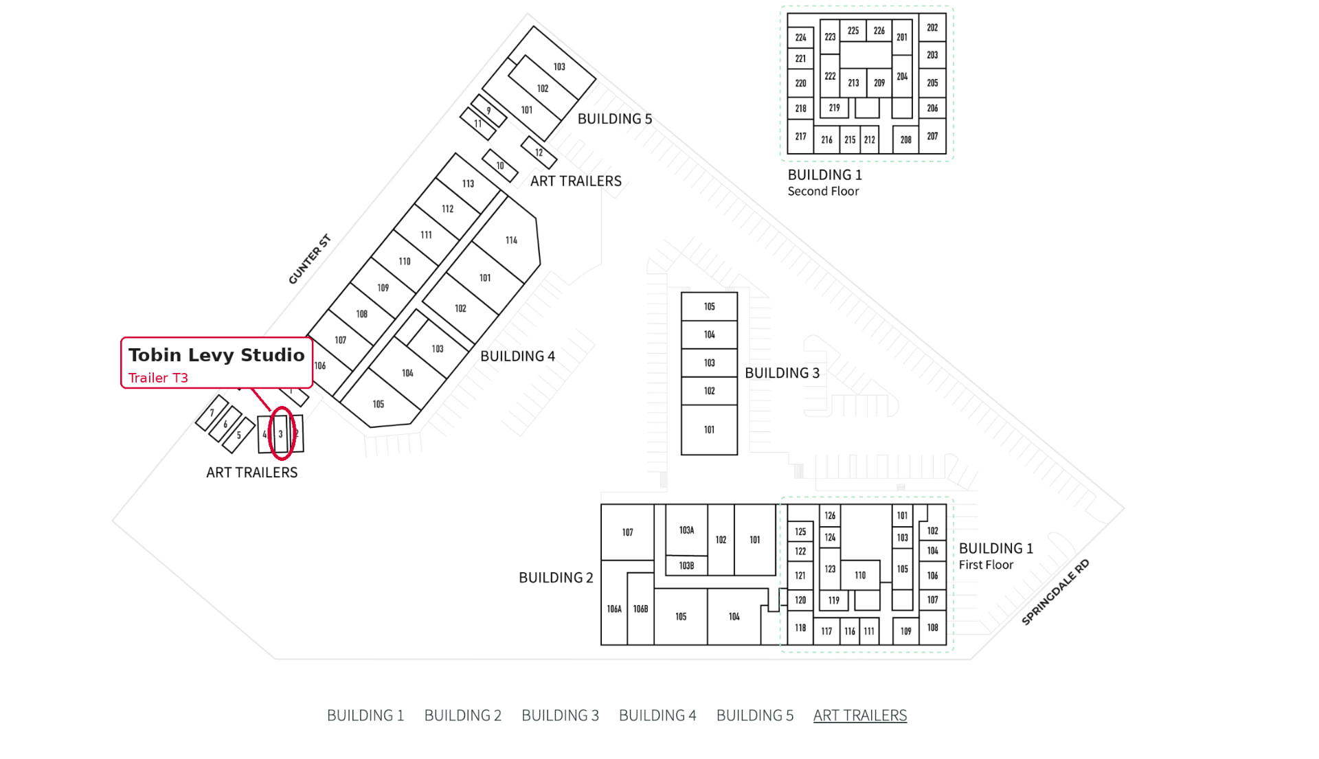Canopy Austin property map with Tobin Levy Studio in Trailer T3 circled